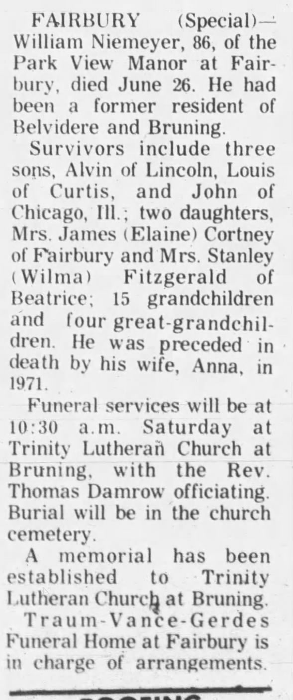 Obituary for William Niemeyer (Aged 86)